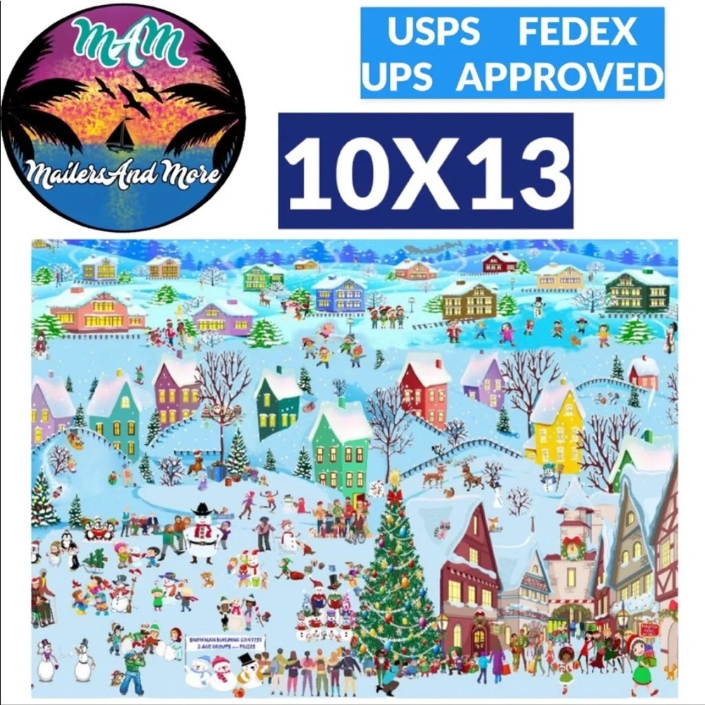 100 10X13 Christmas Village Snow, Town, Tree and Santa Poly Mailers PRICE FIRM